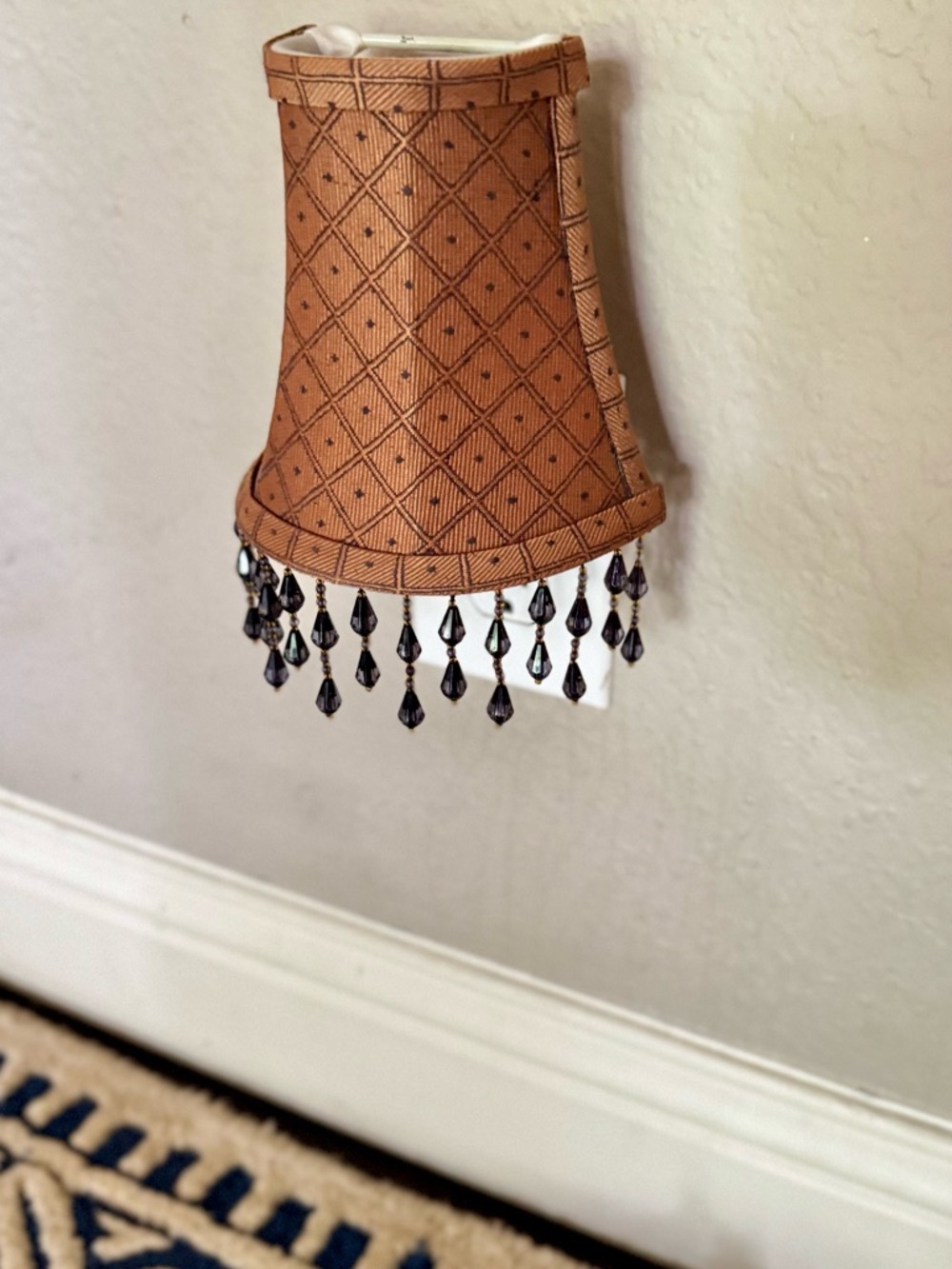 VINTAGE Tan Gold Brown Beaded Mini Lamp Shade w Wall Night Light